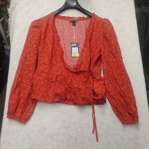NWT Women’s Red Floral Wrap Blouse Long Sleeve Tie Waist Size M Boho Cottagecore